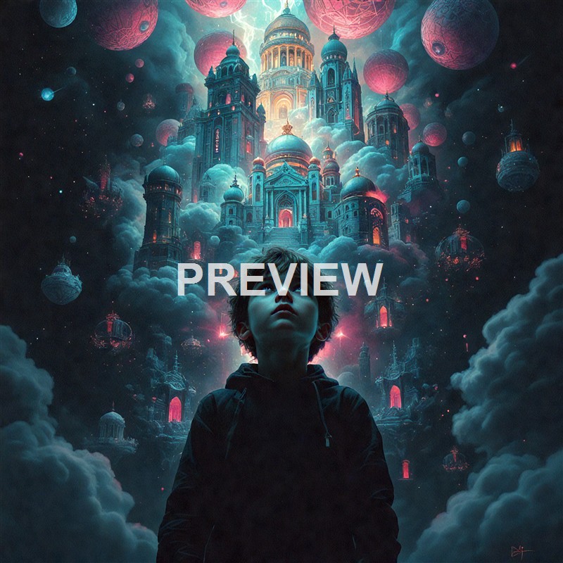A young boy with dark hair and a contemplative expression stands in front of a surreal, fantastical cityscape made of towering, ornate buildings floating among luminous clouds and surrounded by glowing orbs in a cosmic setting.